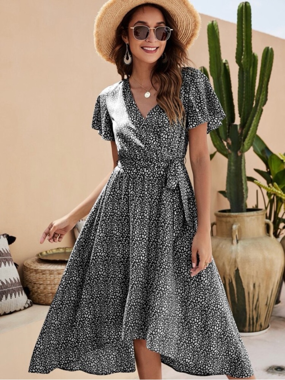 SHEIN Black and White Animal Print Surplice Midi Dress with Belt